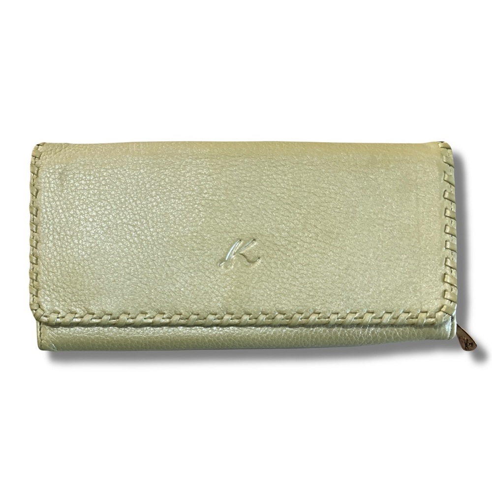 Kitamura Sage Green Leather Bifold Wallet with Pearl Finish & Ample Storage EUC